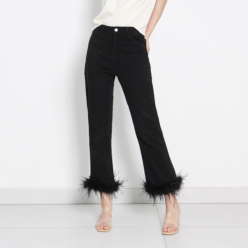 Feathered Cropped Denim Trousers