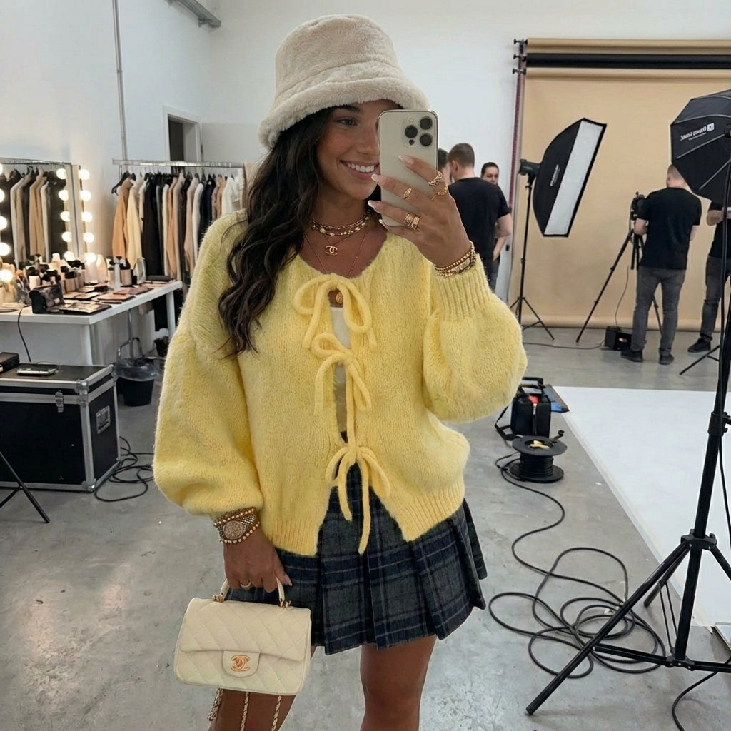 Bow Knit Lace-Up Cardigan