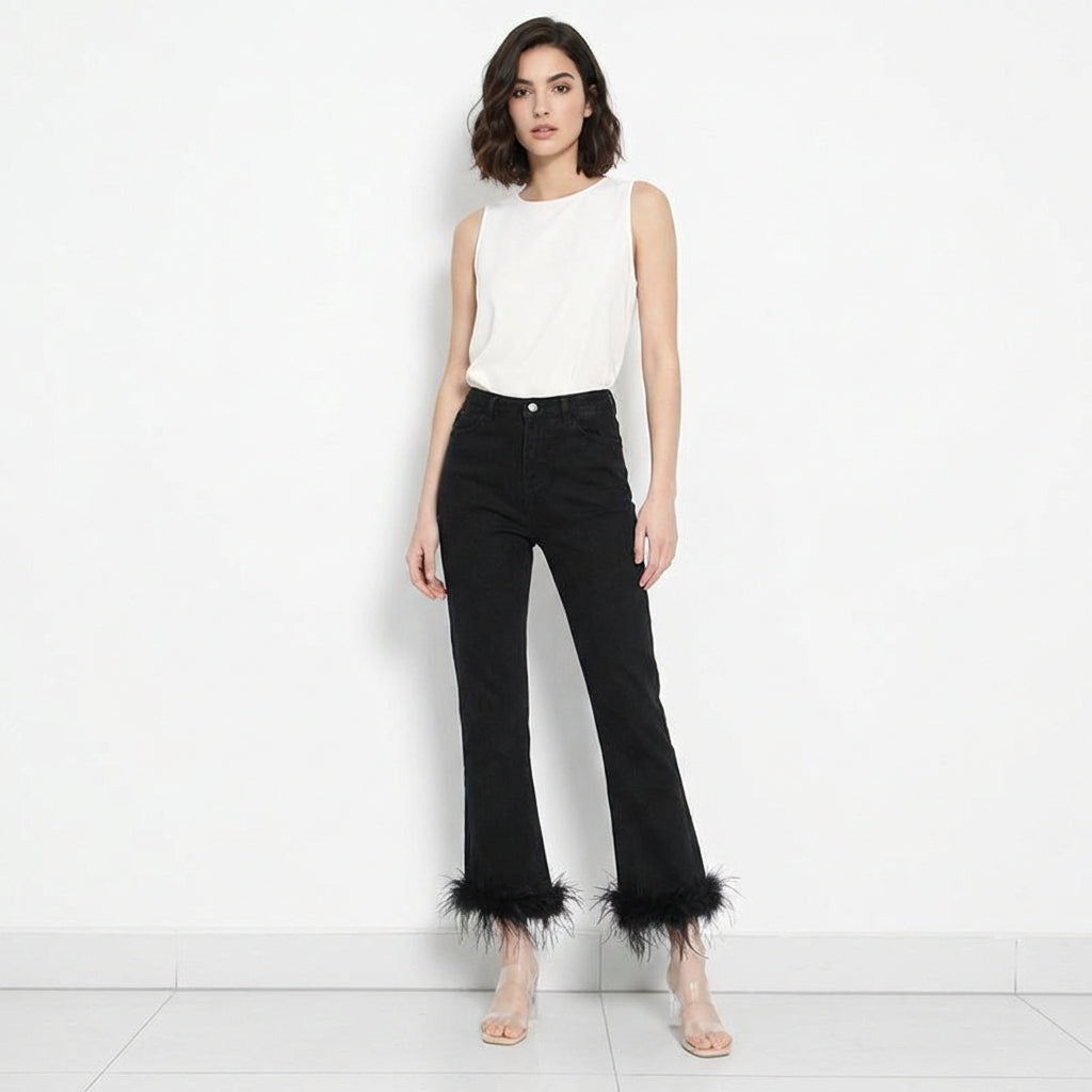 Feathered Cropped Denim Trousers