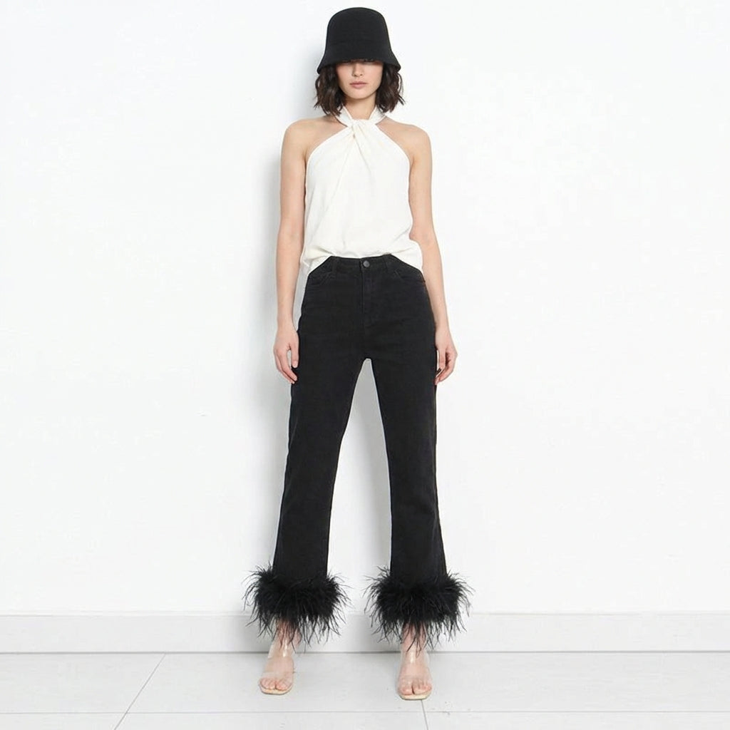 Feathered Cropped Denim Trousers
