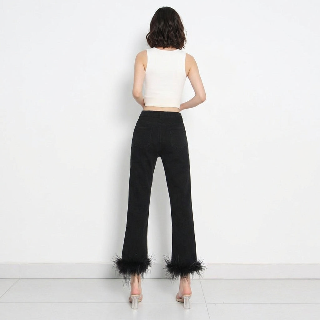 Feathered Cropped Denim Trousers