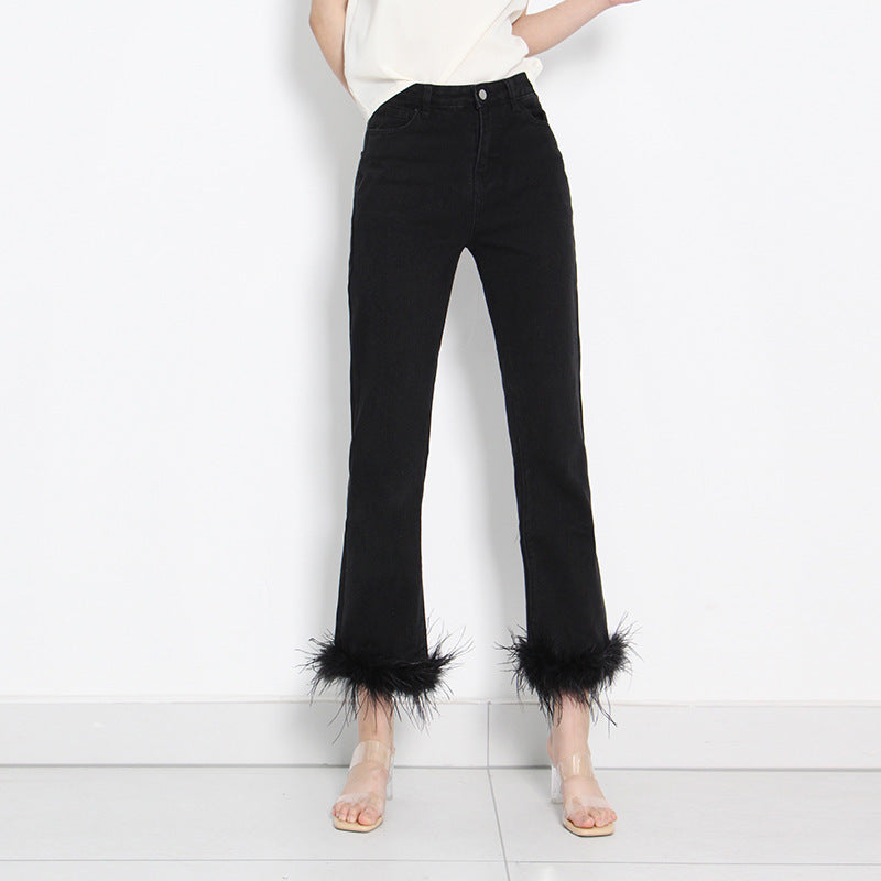 Feathered Cropped Denim Trousers