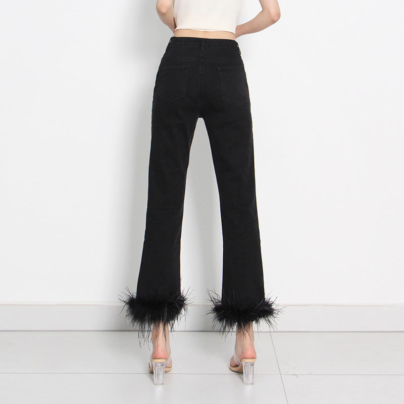Feathered Cropped Denim Trousers
