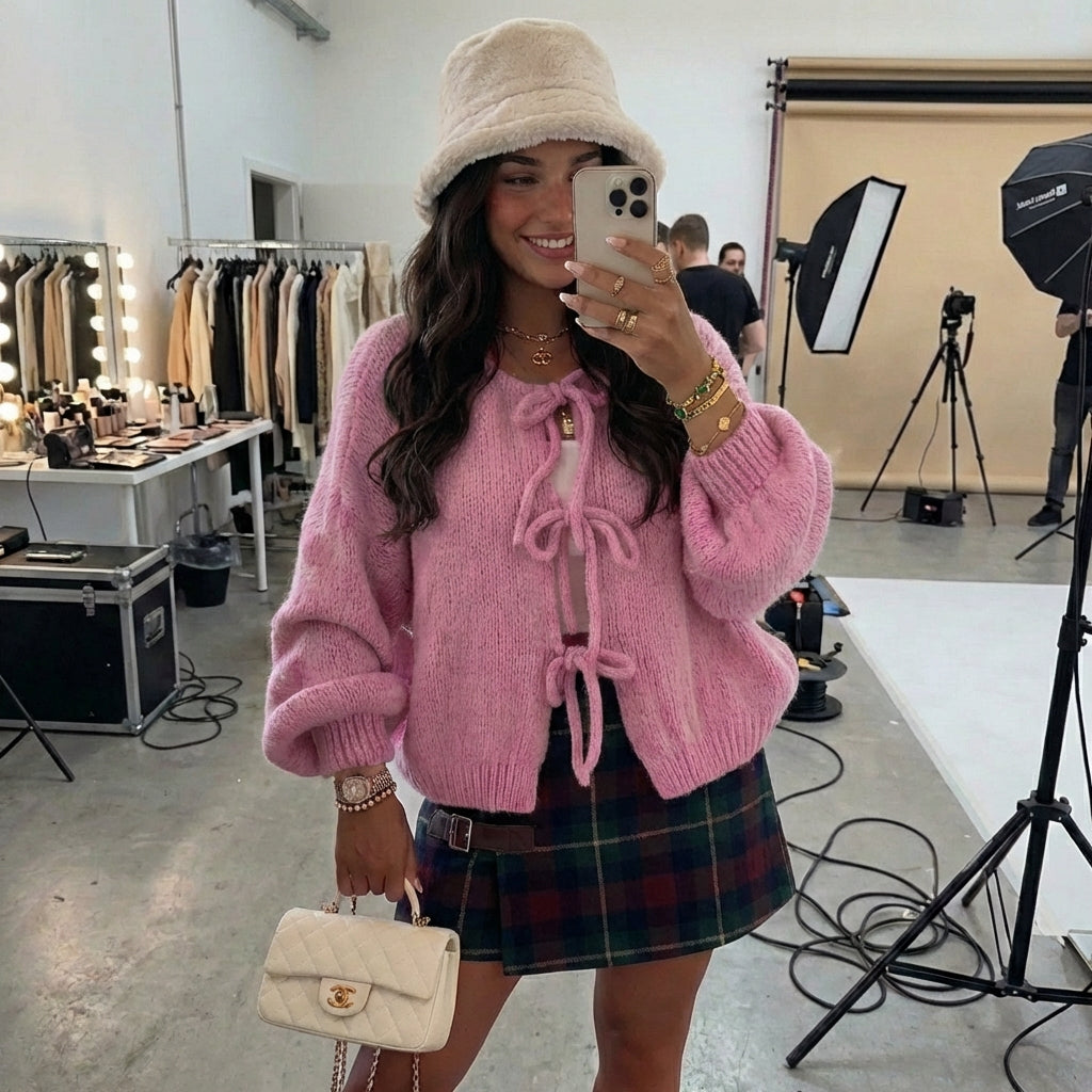 Bow Knit Lace-Up Cardigan