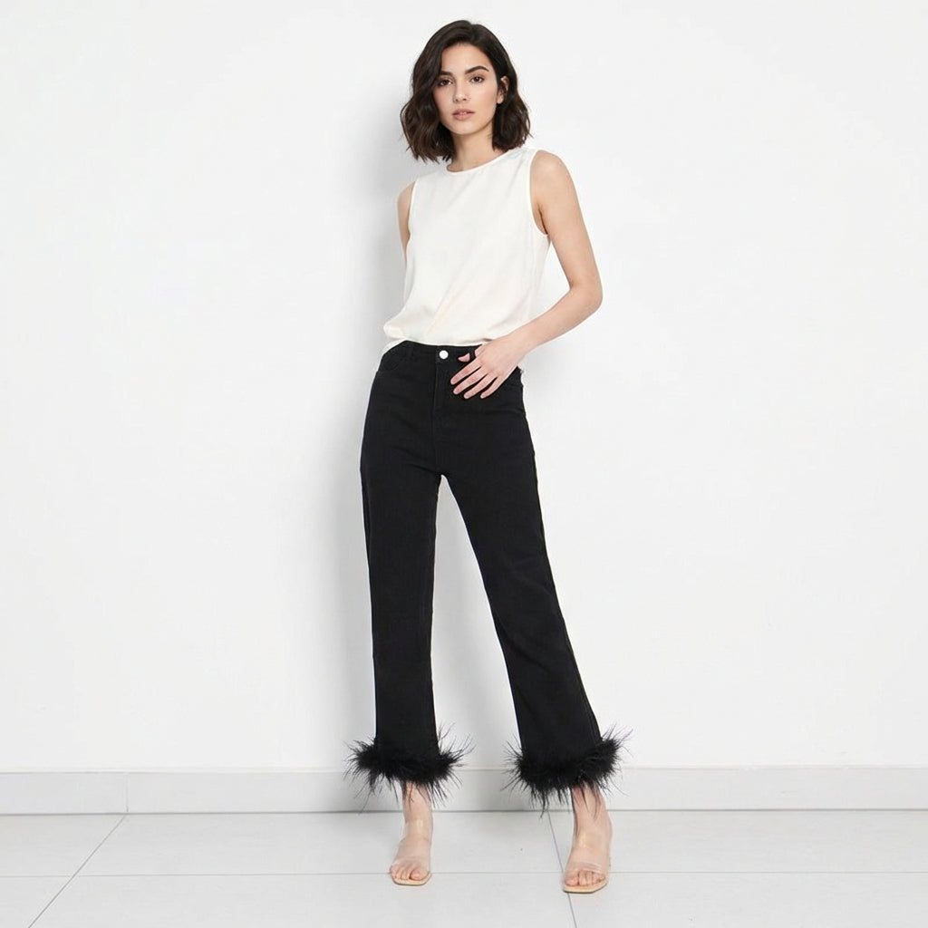 Feathered Cropped Denim Trousers